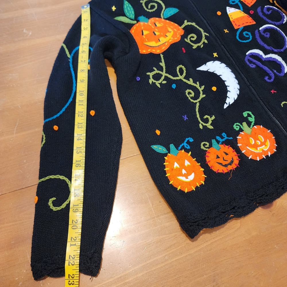 Yarnworks Vintage Halloween Zip Sweater Womens Large Black Orange Purple Boo 90s - Picture 13 of 15